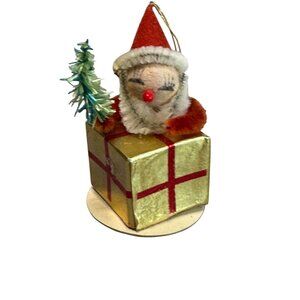 Chenille Pipecleaner Elf on Present Ornament Gold Red  2 1/2 Inches Vintage